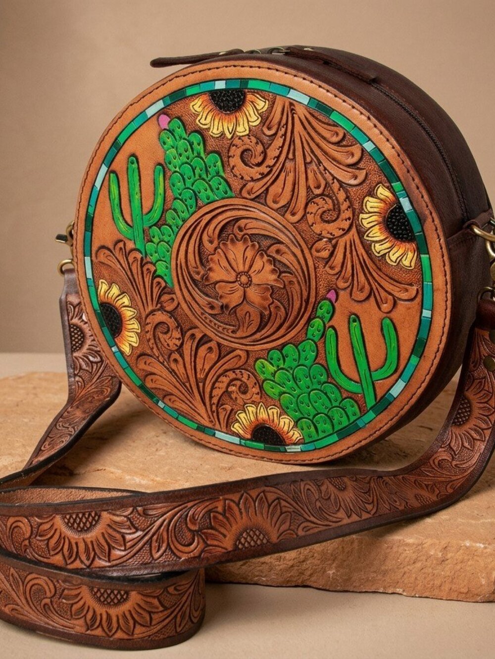 American Darling Desert Sunflower Bloom Tooled Crossbody Canteen Bag - Picture 6 of 6